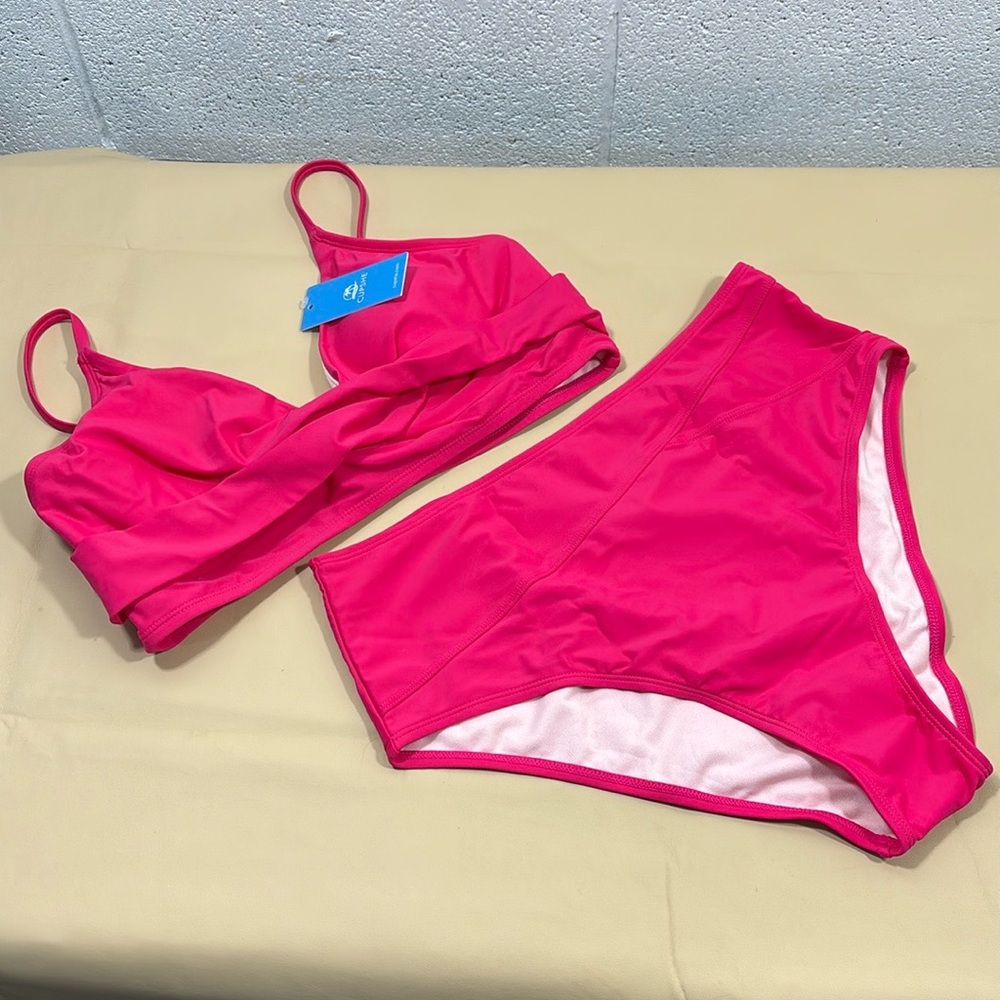 NWT Cupshe neon pink 2 piece high rise bikini